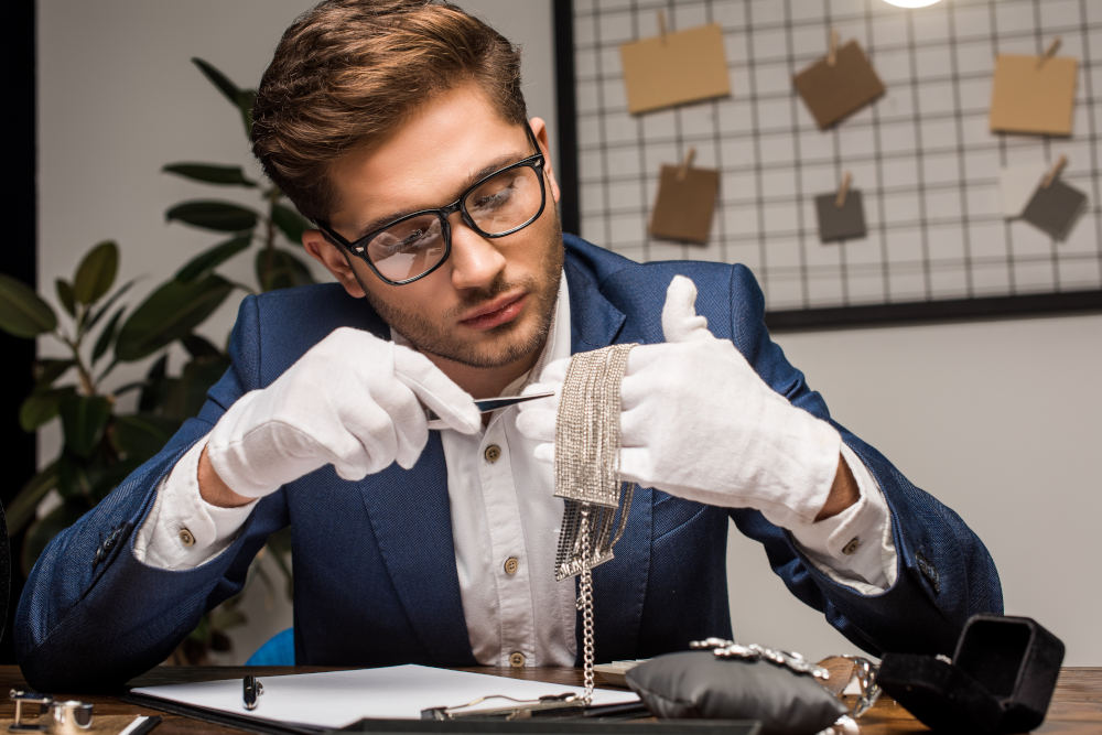 Jewelry appraiser holding tweezers and necklace near clipboard and jewelry on table edelmetall-silber-gold