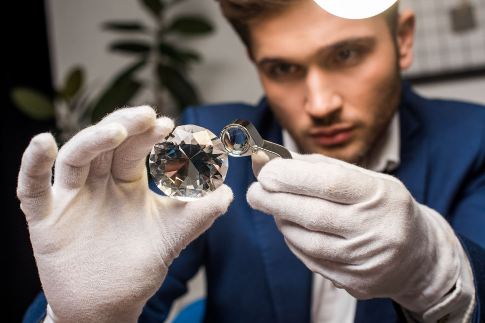 Selective focus of jewelry appraiser in gloves examining gemstone with magnifying glass in workshop gold-edelmetall-ankauf